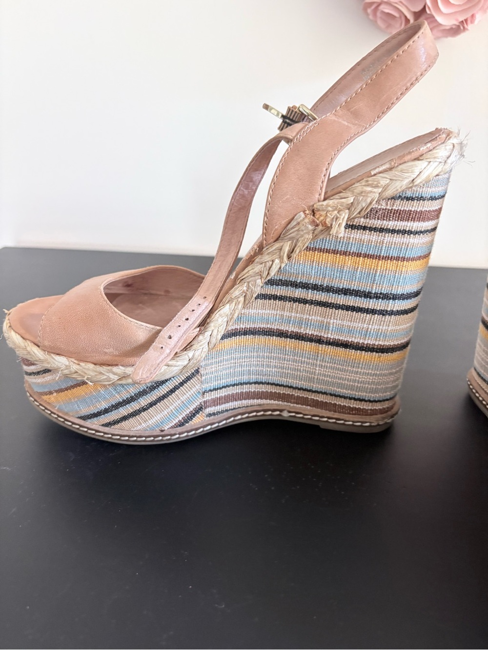 Aldo Blush Pink Multicolor Striped Wedge Espadrilles